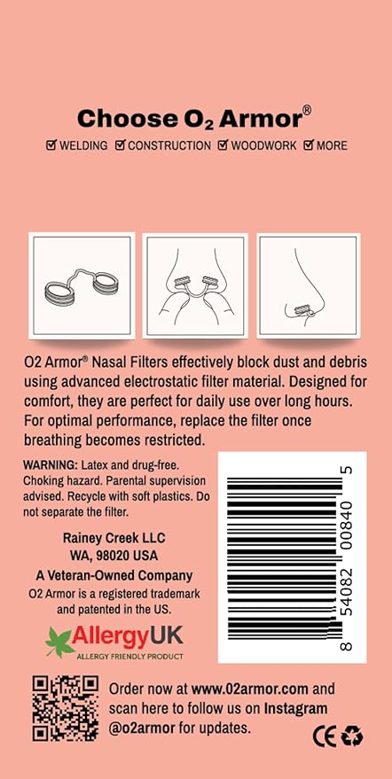 O2 Armor Nose Filters for Welders & Allergies - Nose Filter for Dust - Nasal Filters for Welding - Nose Dust Mask for Construction (10 Pack, Size Medium)