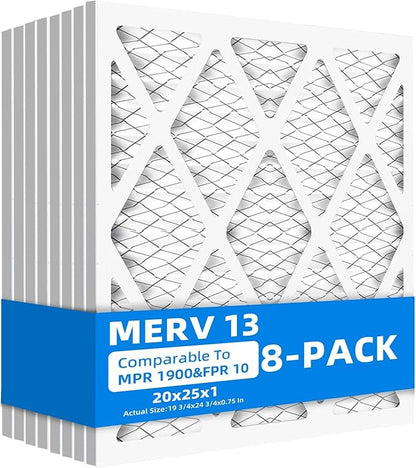 (8 Pack) 20x25x1 Furnace Air Filters, MPR 1900 & FPR 10, MERV 13 Pleated Air Filter (Actual Size: 19 3/4"x 24 3/4" x 3/4")