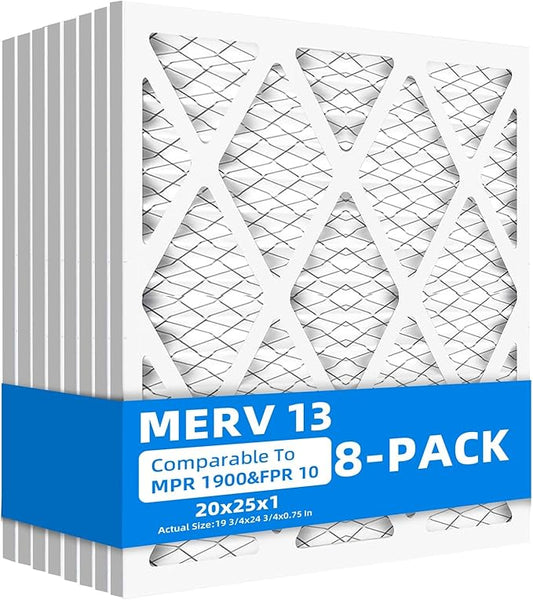 (8 Pack) 20x25x1 Furnace Air Filters, MPR 1900 & FPR 10, MERV 13 Pleated Air Filter (Actual Size: 19 3/4"x 24 3/4" x 3/4")