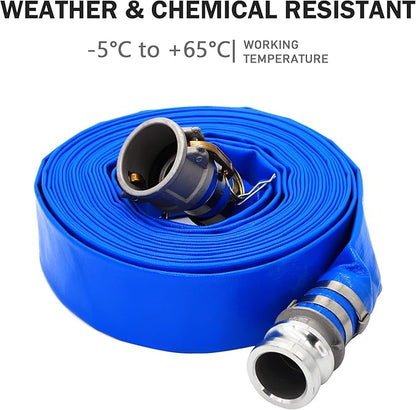DAVCO 3" ID × 50 ft Pool Backwash Hose, Heavy Duty Reinforced Blue PVC Lay Flat Water Discharge Pump Hoses For Swimming Drain Pools and Clean Filters, with Aluminum Camlock C and E Fittings