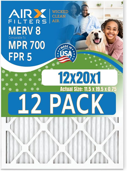 12x20x1 Air Filter MERV 8 Rating, 12 Pack of Furnace Filters Comparable to MPR 700 & FPR 5 - Made in USA by AIRX FILTERS WICKED CLEAN AIR.
