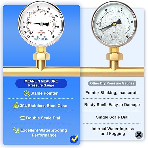 MEANLIN MEASURE -30inHG~60Psi Vacuum Gauge Stainless Steel 1/4" NPT 2" FACE DIAL Waterproof for Air Compressor HVAC Negative Pressure Hand Pump Pool Lower Mount, with 1/2" NPT and 3/8" NPT Hex Bushing