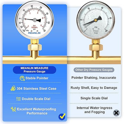 MEANLIN MEASURE -30inHG~60Psi Vacuum Gauge Stainless Steel 1/4" NPT 2" FACE DIAL Waterproof for Air Compressor HVAC Negative Pressure Hand Pump Pool Lower Mount, with 1/2" NPT and 3/8" NPT Hex Bushing