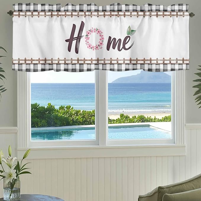 Spring Flowers Curtain Valances for Windows, Kitchen Valance Window Treatment, Watercolor Floral Leaf Black Plaid Light Filtering Block Curtains for Bathroom/Bedroom/Living Room 42'' x 12''