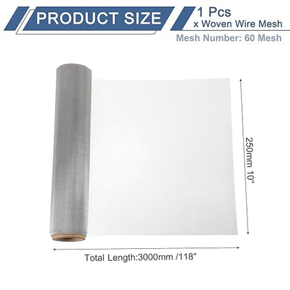 uxcell 60 Mesh 118" x 10" Woven Wire Mesh, 304 Stainless Steel Air Vent Filter Screen, Window Screen Mesh for DIY Projects Vents Cover Filtration Animals Fence