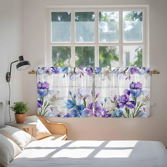 Spring Flowers Tier Curtains, Watercolor Garden Florals Wooden Grain Light Filtering Kitchen Curtains, 2Pcs Rod Pocket Half Window Treatments Panels for Sink Cafe Cabinet Camper 27.5x36 Inches