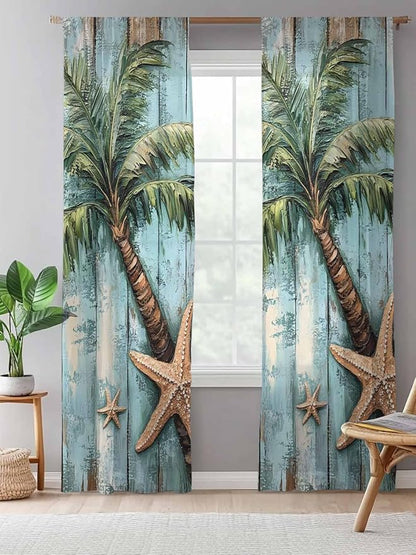 Sheer Curtains 108 Inches Long, Coastal Blue Green Tree Semi Sheer Curtains Light Filtering Window Treatment, Beach Tropical Vintage Wood Grain Privacy Voile Drapes for Living Room Bedroom 52x108 Inch