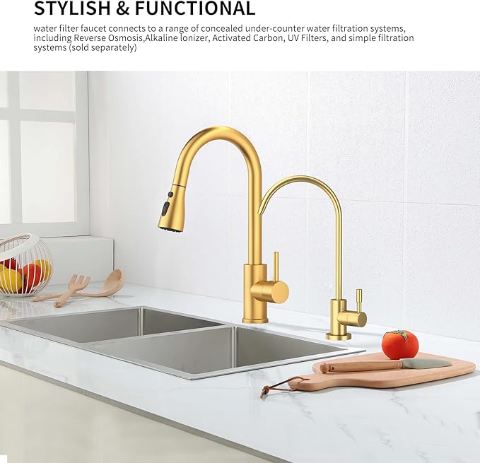 Kitchen Sink Faucet with Pull - Down Sprayer, 2 - Handle 3 - in - 1 Kitchen Sink Filter Faucet, Cold and Hot Mixer Drinking Water Faucet (Filter Faucet, Gold)