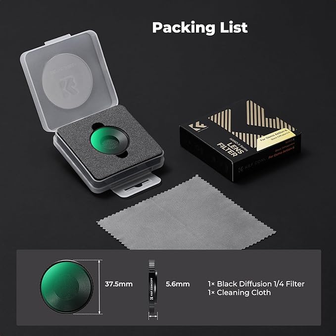 K&F CONCEPT Screw On Black Diffusion 1/4 Filter Compatible with DJI Osmo Action 6, Creative Mist Cinematic Effect Filters, Multi-Coated/Optical Glass/Aluminum Alloy Frame Action Camera Accessories