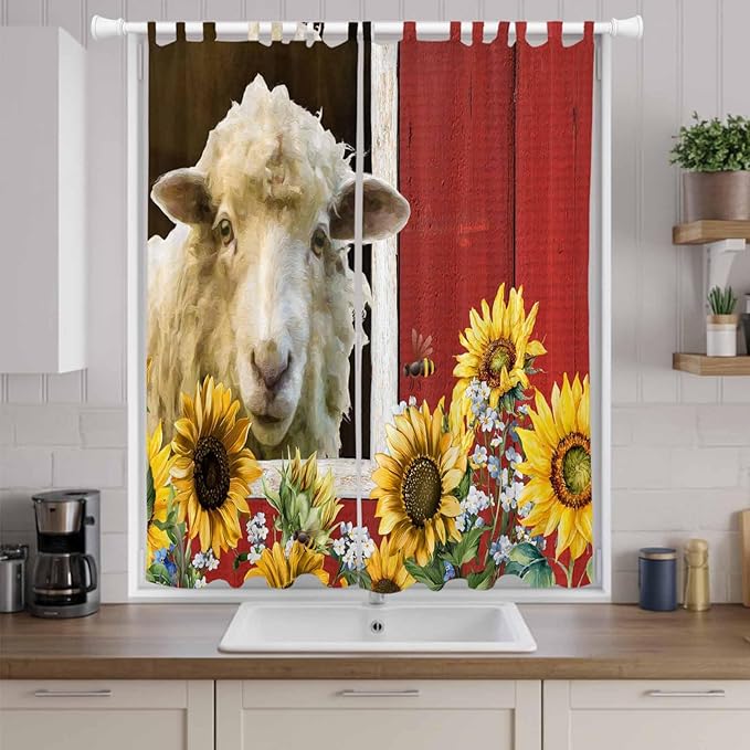 Sheep Flowers Living Room Curtains 84 Inch Length, Window Curtains Tab Top, Country Red Barn Botanical Sunflowers Light Filtering Window Treatments Drapes 52"x84" 2 Panel