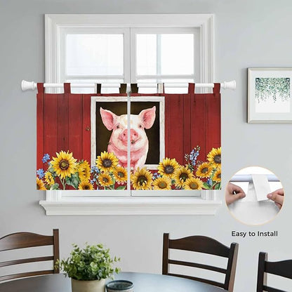 Pigs Sunflowers Kitchen Curtains 36 Inch Length, Small Window Curtains Tab Top, Farmhouse Red Barn Flowers Animals Light Filtering Short Window Treatments Tier Drapes 27.5"x36" 2 Panel