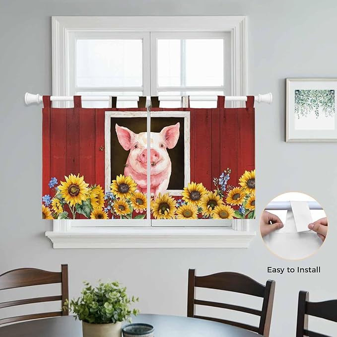 Pigs Sunflowers Kitchen Curtains 24 Inch Length, Small Window Curtains Tab Top, Farmhouse Red Barn Flowers Animals Light Filtering Short Window Treatments Tier Drapes 27.5"x24" 2 Panel