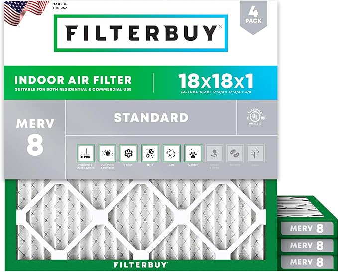 Filterbuy 18x18x1 Air Filter MERV 8 Essential Dust & Allergy Defense (4-Pack), Electrostatic Pleated HVAC AC Furnace Filters Replacement, Made in USA (Actual Size: 17.75 x 17.75 x 0.75)