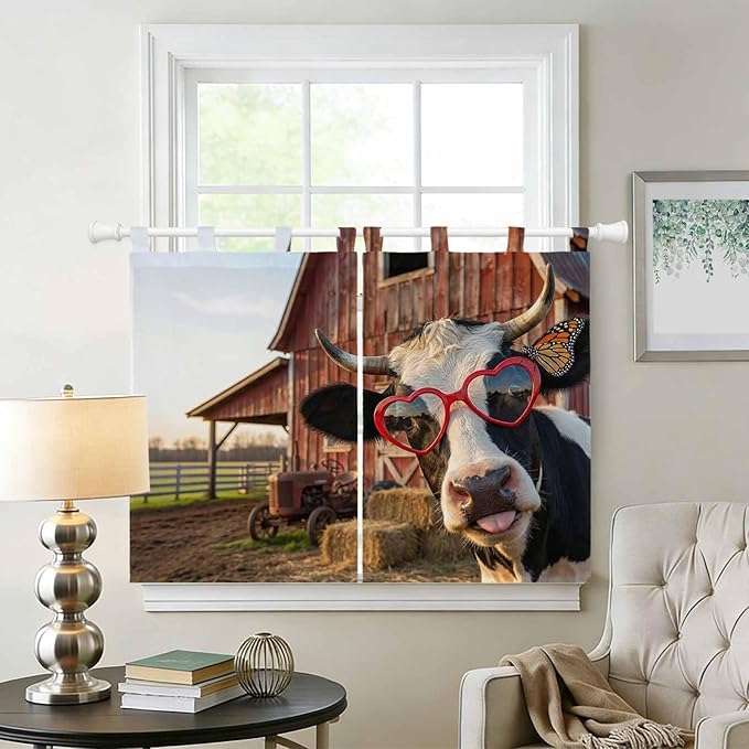 Farm Cows Bedroom Curtains 63 Inch Length, Window Curtains Tab Top, Farmhouse Barn Funny Animals Butterfly Light Filtering Window Treatments Drapes 42"x63" 2 Panel