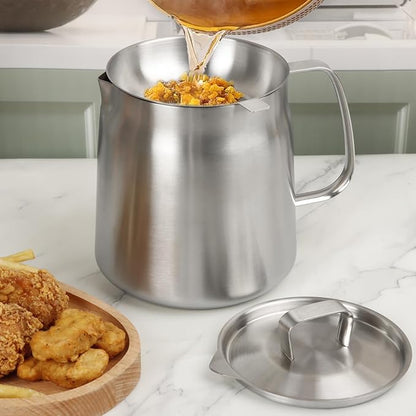 68oz 304 Stainless Steel Oil Filter Pot, Heavy Duty Bacon Grease Container & Deep Fryer Basket, Large Capacity Multi-function Oil Filter Vessel with Strainer for Kitchen Storing Frying Cooking Grease