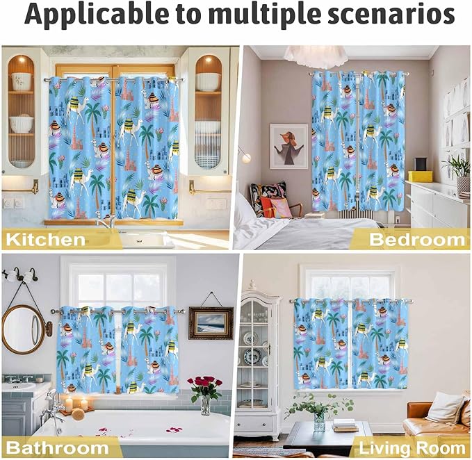 2 Panel Kitchen Cafe Curtains, Desert Landscape Sunlight Filtering Nature Air Through, Home Decor Window Covering Tier Curtains for Bedroom Living Room Cute Camels Palm Trees Houses Leaves Blue