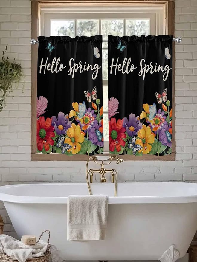 Spring Flowers Kitchen Curtains 54 Inches length, Watercolor Country Colorful Floral Black Window Treatment Curtain Drapes, Thermal Insulated Drapes for Basement Hotel RV, 42"x54", 2 Panels