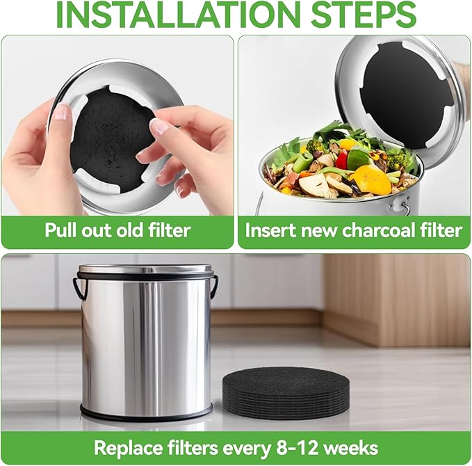 10PCS Compost Bin Charcoal Filters- 6.7inch Activated Carbon Filters，Round Charcoal Replacements for Kitchen Compost Bin Pail Replacement,Countertop Home Bucket Refill