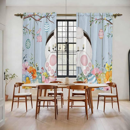 Easter Window Curtains 72 Inch Long 2 Panel Set,Rod Pocket Long Curtains & Drapes,Spring Watercolor Bunny Eggs Flower Wood Grain Blue Light Filtering Window Treatment for Bedroom 52"W x 72"L