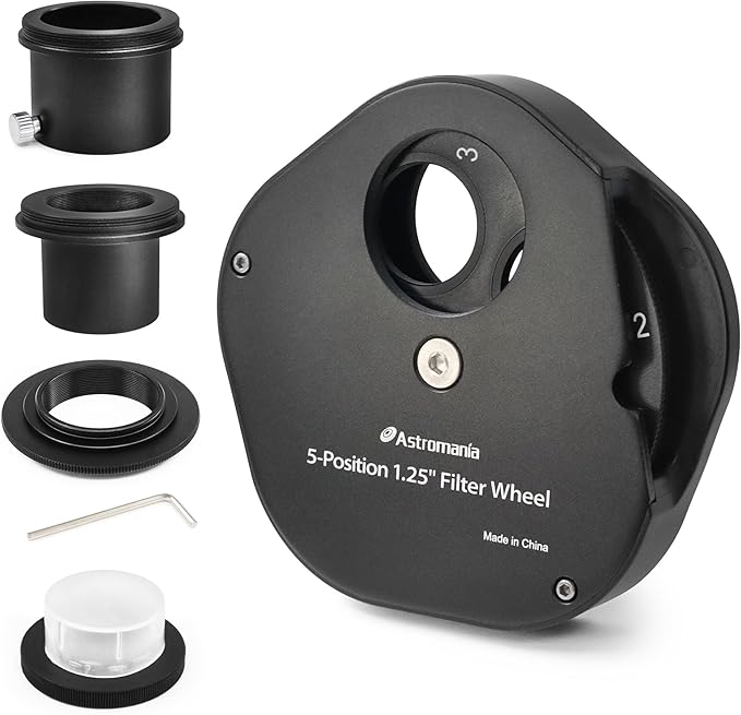 Astromania Filter Wheel for Telescope, Filter Drawer Compatible with 1.25 Inch Telescope Filter for Planet Moon Nebula Observation, 5-Position Filter Wheel Holder Telescope Accessories with T-Adapter