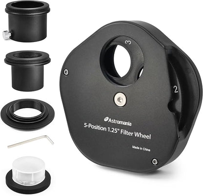 Astromania Filter Wheel for Telescope, Filter Drawer Compatible with 1.25 Inch Telescope Filter for Planet Moon Nebula Observation, 5-Position Filter Wheel Holder Telescope Accessories with T-Adapter