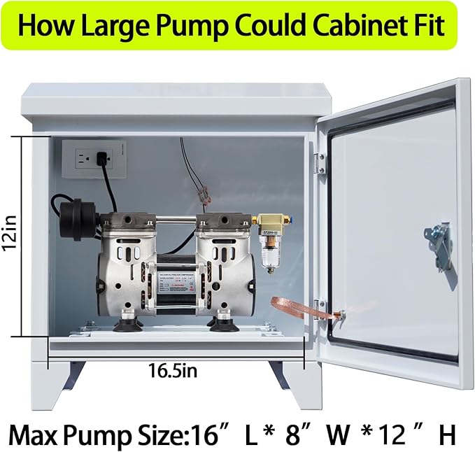 Pond, Water Garden Weatherproof Outdoor Cabinet Enclosure for Pond Aerator, Air Pump 20”W×15”D×19”H with pre-drilled knockouts, 110V Cooling Fan and pre-wired outlet included