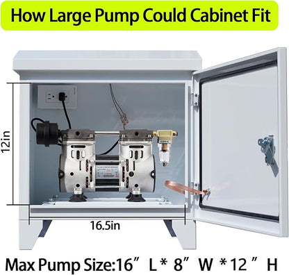 Pond, Water Garden Weatherproof Outdoor Cabinet Enclosure for Pond Aerator, Air Pump 20”W×15”D×19”H with pre-drilled knockouts, 110V Cooling Fan and pre-wired outlet included