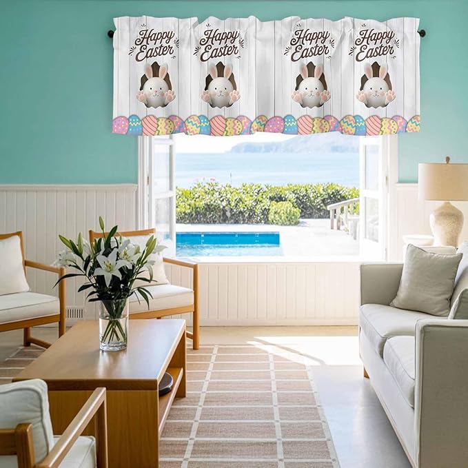 Grey Easter Curtain Valances for Windows, Kitchen Valance Window Treatment, Spring Cartoon Bunny Colorful Eggs Wood Grain Light Filtering Block Curtains for Bathroom/Bedroom/Living Room 42'' x 12''