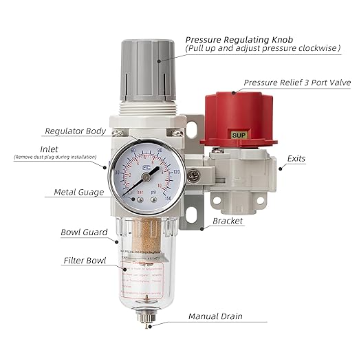 Pneumatic Air Compressor Filter Regulator Combo 1/4" NPT 0-150 PSI,Pressure relief 3 port valve,Manual Drain,5 Micron Brass Element