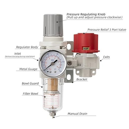 Pneumatic Air Compressor Filter Regulator Combo 1/4" NPT 0-150 PSI,Pressure relief 3 port valve,Manual Drain,5 Micron Brass Element