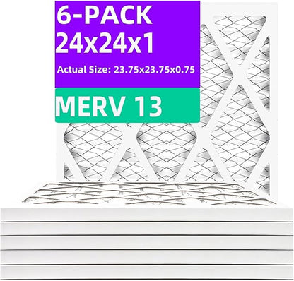 24x24x1 MERV 13 (6-Pack) Pleated Air Filter (Actual Size: 23.75"x23.75"x0.75") MPR 1900 & FPR 10, Furnace Air Filters, 24x24x1 air filter