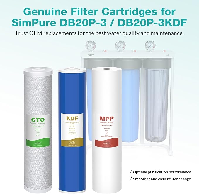 SimPure Whole House Water Filter Cartridges 5 Micron 20" x 4.5" PP+CTO+GAC/KDF 3-Stage Sediment Carbon and Heavy Metal Filter Set, for DB20P-3KDF, WGB32B-KS, DGD-5005-20, FC25B, 1 Set