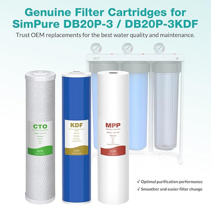 SimPure Whole House Water Filter Cartridges 5 Micron 20" x 4.5" PP+CTO+GAC/KDF 3-Stage Sediment Carbon and Heavy Metal Filter Set, for DB20P-3KDF, WGB32B-KS, DGD-5005-20, FC25B, 1 Set