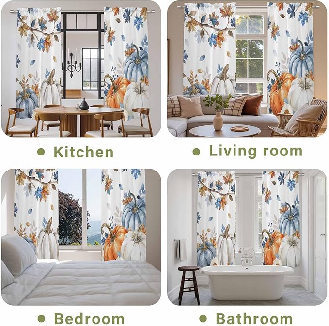 Navy Blue Pumpkin Fall Window Curtains 72 Inch Long 2 Panel Set,Rod Pocket Long Curtains & Drapes,Thanksgiving Maple Leaves Branches Window Treatment for Bedroom Living Room 52"W x 72"L