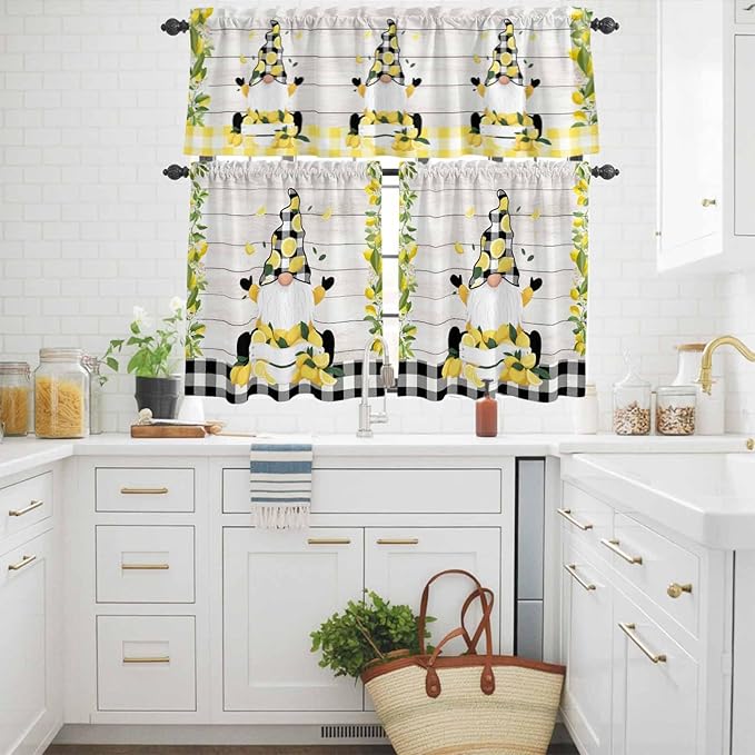 Lemon Gnomes Kitchen Curtains Set 3 Piece for Windows, Rod Pocket Valance and Tier Set 24 Inch Length, Summer Botanical Fruit Wooden Grain Plaid Light Filtering Cafe Curtains for Living Room Bathroom