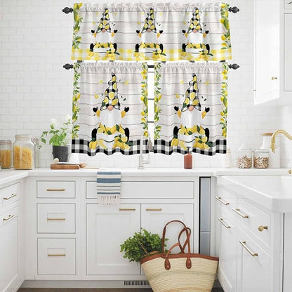 Lemon Gnomes Kitchen Curtains Set 3 Piece for Windows, Rod Pocket Valance and Tier Set 24 Inch Length, Summer Botanical Fruit Wooden Grain Plaid Light Filtering Cafe Curtains for Living Room Bathroom