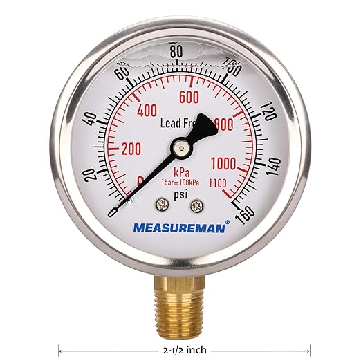 MEASUREMAN Lead-Free Pressure Gauge, 2-1/2inch Dial, Glycerin Filled, 0-160psi/kpa, Stainless Steel Case, 1/4inchNPT Lower Mount