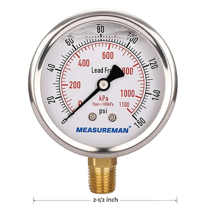 MEASUREMAN Lead-Free Pressure Gauge, 2-1/2inch Dial, Glycerin Filled, 0-160psi/kpa, Stainless Steel Case, 1/4inchNPT Lower Mount