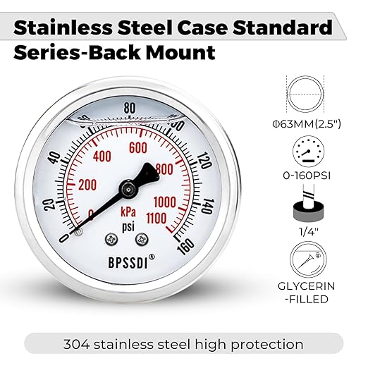 0-160 Psi Glycerin Liquid Filled Low Pressure Gauge, 2.5" Dial Size, 1/4" G Back Mount, 304 Stainless Steel Case, for Water Pipe, HVAC, Water Oil Air Pressure Test