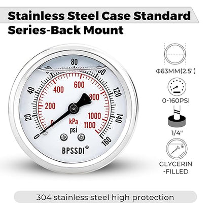 0-160 Psi Glycerin Liquid Filled Low Pressure Gauge, 2.5" Dial Size, 1/4" G Back Mount, 304 Stainless Steel Case, for Water Pipe, HVAC, Water Oil Air Pressure Test