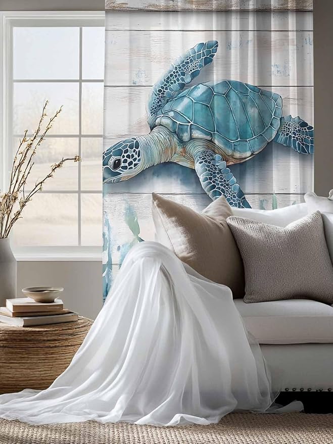 Sheer Curtains 72 Inches Long, Teal Green Sea Turtle Semi Sheer Curtains Light Filtering Window Treatment, Summer Ocean Seaweed Wood Grain Privacy Voile Drapes for Living Room Bedroom 52x72 Inch