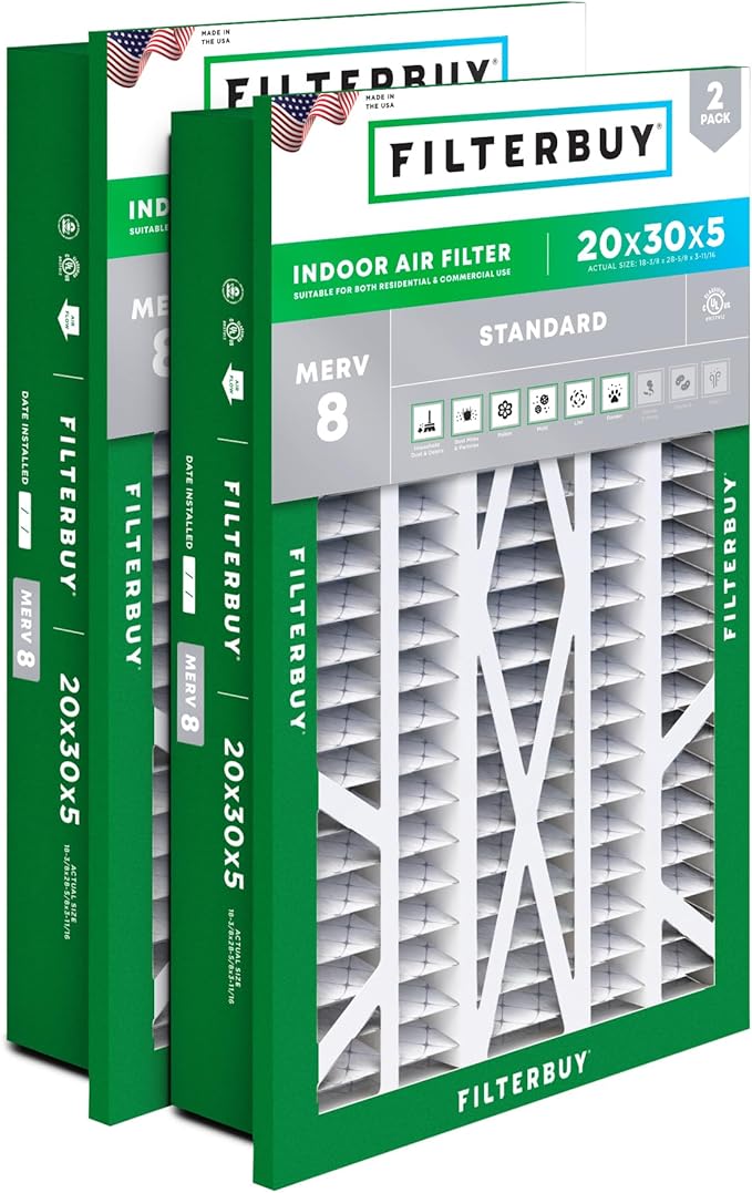 Filterbuy 20x30x5 Air Filter MERV 8 Essential Dust & Allergy Defense (2-Pack), Electrostatic Pleated HVAC AC Furnace Filters Replacement for Honeywell Return Grille (Actual Size: 18.38 x 28.63 x 3.69)