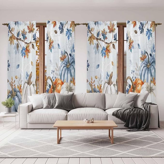 Fall Blue Maple Window Curtains 72 Inch Long 2 Panel Set,Rod Pocket Long Curtains & Drapes,Thanksgiving Pumpkins Daisy Country Leaves Window Treatment for Bedroom Living Room 52"W x 72"L