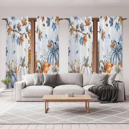 Fall Blue Maple Window Curtains 72 Inch Long 2 Panel Set,Rod Pocket Long Curtains & Drapes,Thanksgiving Pumpkins Daisy Country Leaves Window Treatment for Bedroom Living Room 52"W x 72"L