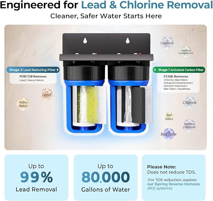 iSpring WGB21B-PB 2-Stage Whole House Water Filtration System w/ 10” x 4.5” Carbon Block FC15B and Lead Reducing Filter FCRC15B, 1" Inlet/Outlet Ports