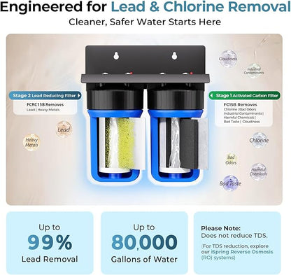 iSpring WGB21B-PB 2-Stage Whole House Water Filtration System w/ 10” x 4.5” Carbon Block FC15B and Lead Reducing Filter FCRC15B, 1" Inlet/Outlet Ports