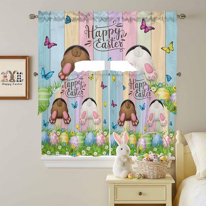 Swag Valance Curtains, Happy Easter Rabbit Butt Egg on Daisy Leaf Rod Pocket Valances Swag Topper for Kitchen Windows, Bufferfly on Wood Barn Light Filtering Short Curtain for Bedroom Bathroom 56x36In