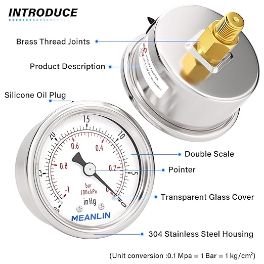 MEANLIN MEASURE -30inHG~0Psi Vacuum Gauge Stainless Steel 1/8" NPT 2" FACE DIAL Waterproof for Air Compressor HVAC Negative Pressure Hand Pump Pool Back Mount with 1/4" NPT and 3/8" NPT Hex Bushing
