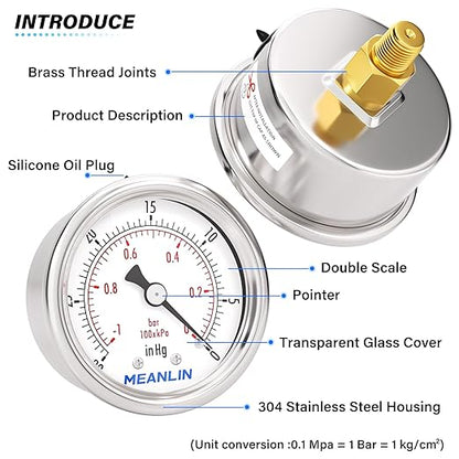 MEANLIN MEASURE -30inHG~0Psi Vacuum Gauge Stainless Steel 1/8" NPT 2" FACE DIAL Waterproof for Air Compressor HVAC Negative Pressure Hand Pump Pool Back Mount with 1/4" NPT and 3/8" NPT Hex Bushing