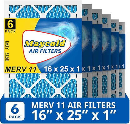 Maycold 16x25x1 MERV 11 Furnace Air Filter (6-Pack), High-Performance HVAC AC Filters for Home Use, Actual Size: 15.70” x 24.70” x 0.75”, Individually Wrapped in Plastic